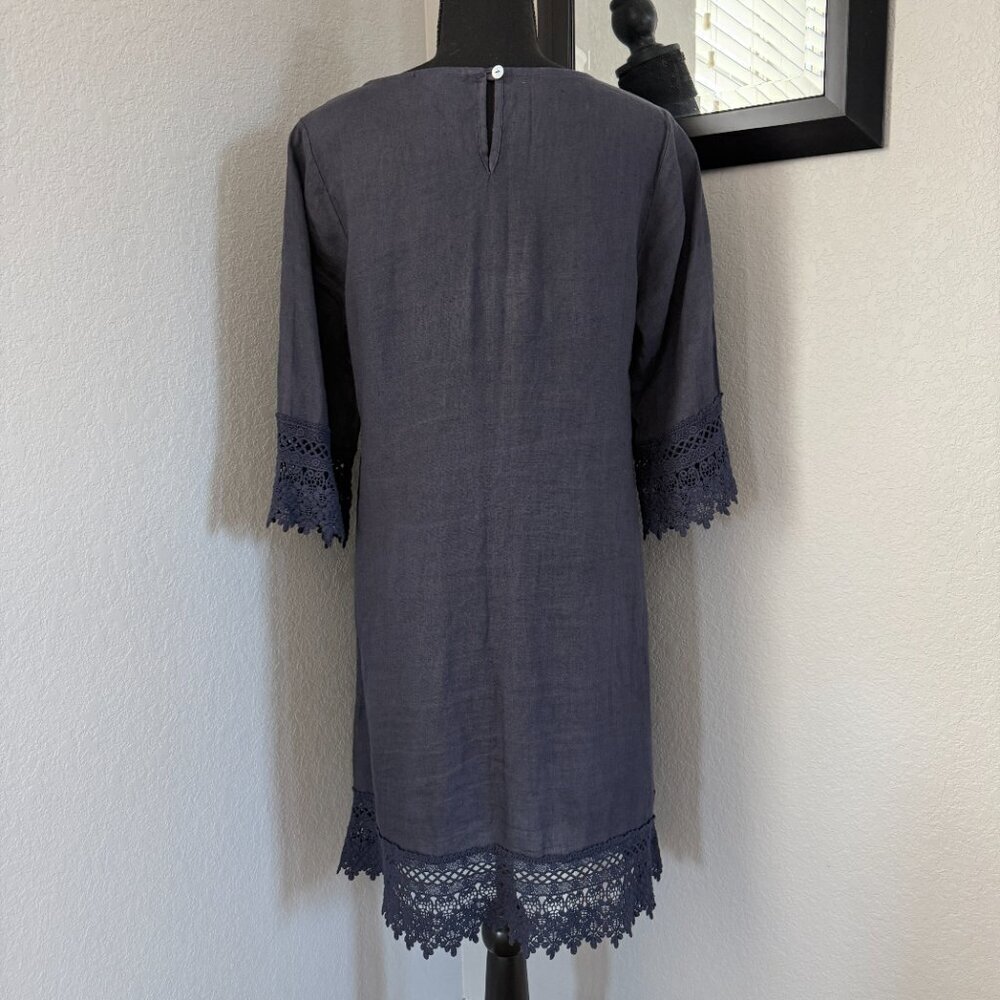 ROSEMARINE 100% Italian Linen 3/4 Sleeve Crochet Dress Blue Gray Small - Picture 6 of 13